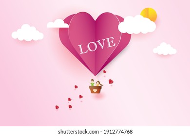 Happy Valentine's day balloon heart on abstract background with text love,clouds,sun,paper cut red heart. 