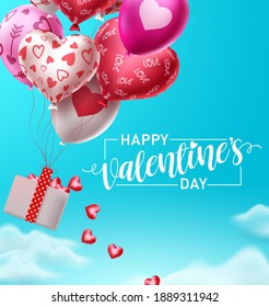 Happy valentines day balloons with falling hearts vector design. Valentines day greeting text with flying colorful air balloon pattern elements in blue sky background. Vector Illustration.
