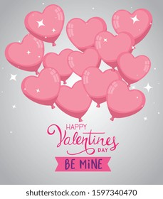 happy valentines day with balloons helium in shape hearts vector illustration design