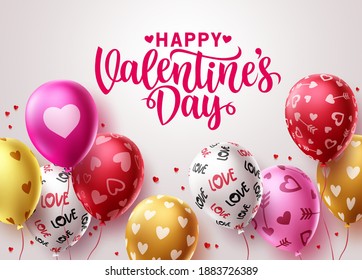 Happy valentine's day balloons vector design. Valentines greeting text typography with colorful birthday balloon elements and heart patterns in white background. Vector illustration. 
