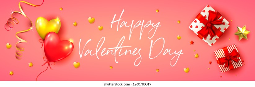 Happy Valentines day banner with 3d realistic balloons heart shaped and gifts. Romantic holiday pink vector background. Top view. Red and golden elements.