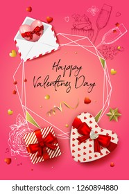 Happy Valentines day banner. 3d realistic heart in envelope, gifts, star and serpentines. Sketch glass of champagne, cake and flowers. Romantic pink vector background. Top view. Gold polygonal frame.