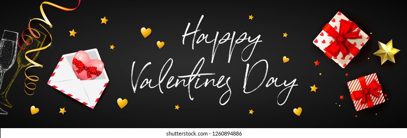 Happy Valentines day banner with 3d realistic heart in envelope, gifts, star and serpentines. Sketch glass of champagne. Romantic holiday black vector background. Top view. Red and golden elements.