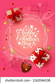 Happy Valentines day banner. 3d realistic gift box, chocolate heart, stars. Sketch glass of champagne, cake, envelope, flowers. Romantic pink vector background. Hand drawn lettering. Polygonal frame