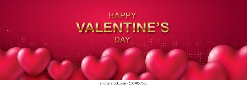 Happy Valentines Day banner with 3d glossy Hearts Pink color and gold Lettering. Glittering luxury cover on red backdrop. Horizontal holidays poster, add, header, website, article. Vector illustration