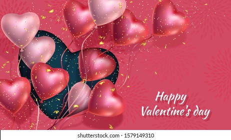 Happy Valentines Day banner with 3d red and pink heart-shaped helium balloons, golden confetti. Vector advertising background, romantic greeting card, love festive poster for February 14