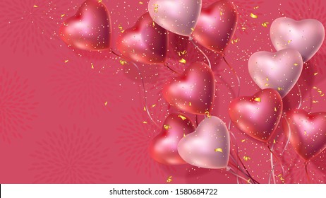 Happy Valentines Day banner with 3d red and pink heart-shaped helium balloons, golden confetti. Vector advertising background for February 14, wedding, engagement, anniversary, birthday Space for text