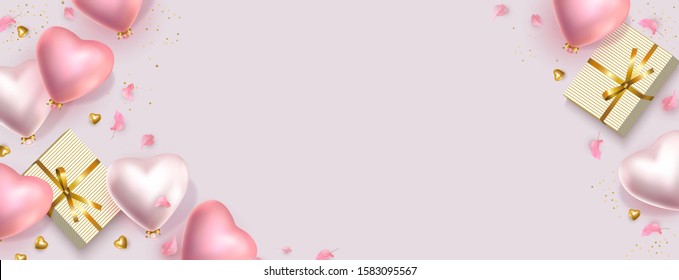 Happy Valentines Day banner. 3d pink gold and silver heart-shaped helium balloons, golden confetti, gifts. Vector horizontal advertising background for February 14, wedding, birthday. Space for text