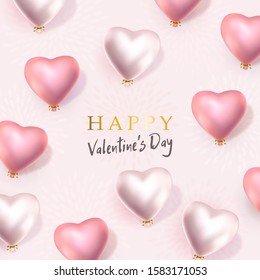Happy Valentines Day banner. 3d rose and pearl heart-shaped helium balloons. Vector horizontal advertising background for February 14, wedding, birthday. Space for text