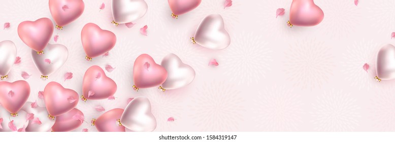 Happy Valentines Day banner. 3d rose and pearl heart-shaped helium balloons, petals. Vector advertising horizontal background for February 14, wedding, birthday. Space for text