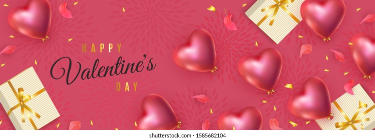 Happy Valentines Day banner. 3d red heart-shaped helium balloons, petals, golden confetti, gifts. Vector advertising horizontal red background for February 14, wedding, birthday