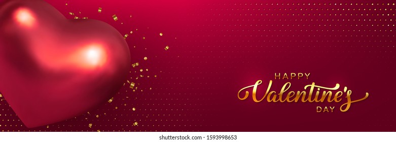 Happy Valentines Day banner. 3d metallic heart with confetti in red color. Handwritten lettering text. Glitter dotted background. Vector.