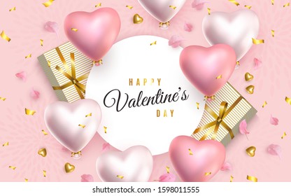 Happy Valentines Day Banner. 3d Pink Gold And Silver Heart-shaped Helium Balloons, Golden Confetti, Gifts, Petals. Vector Horizontal Advertising Background For February 14, Wedding, Birthday