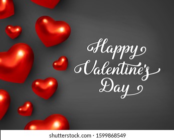 Happy Valentine's Day banner. 3d metallic red hearts with handwritten lettering text. Black background. Vector.