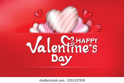 Happy Valentines Day banner with 3d red heart balloons, gold metal shapes and light bulbs on pink background. Gift card, love party, invitation voucher design, poster template, place for text 2023