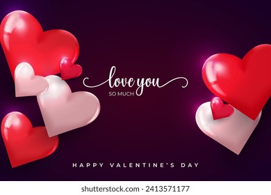 Happy Valentines Day banner with 3d red heart balloons.