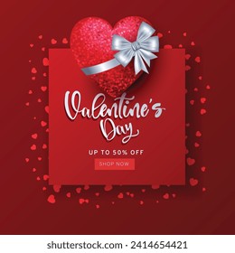 Happy Valentines Day banner with 3d red heart on red background. Gift card, invitation voucher design. abstract vector illustration