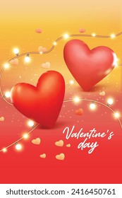 Happy Valentines Day banner with 3d red heart light bulbs on pink background