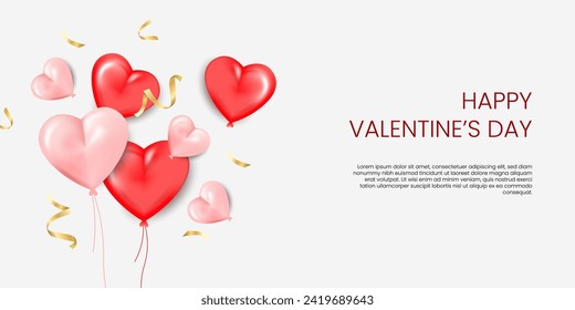 Happy Valentines Day banner with 3d creative love red and pink heart balloons, gold metal on white background.
