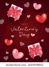 Happy Valentine's Day banner with 3d red ribbon gift boxes, red, and pink hearts and dark red background. Valentine's Day vector  greeting card, coupon, voucher, website, social media, promotion, sale