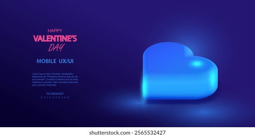 Happy Valentine's Day banner with 3d blue neon heart podium in technology style background. Love ai isometric futuristic holiday mobile card vector.