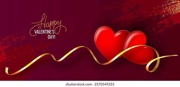 Happy Valentine's Day banner. 3d realistic red hearts, golden ribbon and confetti. Vector illustration for decoration of Valentine's Day events, banners, posters and flyers.