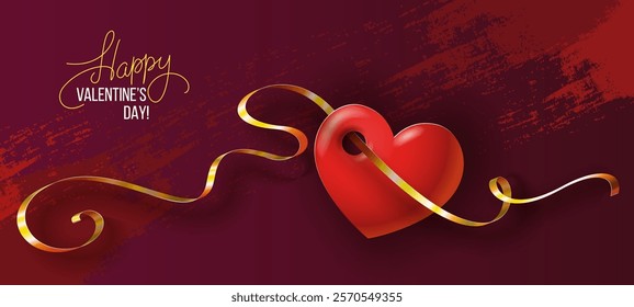 Happy Valentine's Day banner. 3d realistic red hearts, golden ribbon and confetti. Vector illustration for decoration of Valentine's Day events, banners, posters and flyers.