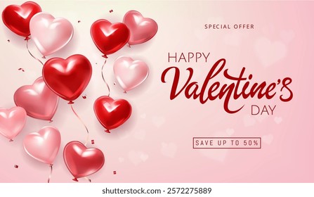 Happy Valentines Day banner with 3d red heart balloons on pink background. Gift card, love party, invitation voucher design, poster template, place for text. Vector illustration.