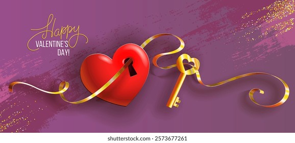 Happy Valentine's Day banner. 3d realistic red heart with gold key, golden ribbon and confetti. Vector illustration for decoration of Valentine's Day events, banners, posters and flyers.