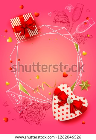 Happy Valentines day banner. 3d realistic gift box shaped heart, star and serpentines. Sketch glass of champagne, cake, envelope and flowers. Romantic pink vector background. Top view. Polygonal frame
