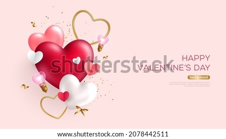 Happy Valentines Day banner with 3d red heart balloons, gold metal shapes and light bulbs on pink background. Gift card, love party, invitation voucher design, poster template, place for text