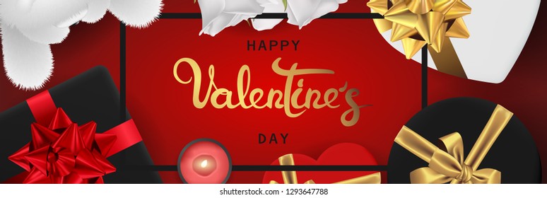 Happy valentines day banner. Background design of lighting candle,realistic roses with gifts box, ribbon, teddy bear. Red style. Flat lay, top view. Horizontal valentines day poster, greeting cards