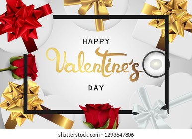 Happy valentines day banner. Background design of lighting candle,realistic roses with gifts box, ribbon. White style. Flat lay, top view. Valentines day poster, greeting cards, headers, website