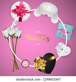 Happy valentines day banner. Background design of lighting candle,realistic roses with gifts box, ribbon. Pink style. Flat lay, top view. Valentines day poster, greeting cards, headers, website