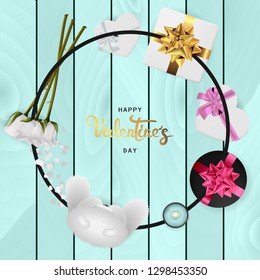 Happy valentines day banner. Background design of lighting candle,realistic roses with gifts box, ribbon. Blue style. Flat lay, top view. Valentines day poster, greeting cards, headers