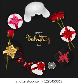 Happy valentines day banner. Background design of lighting candle,realistic roses with gifts box, ribbon. Black style. Flat lay, top view. Valentines day poster, greeting cards, headers, website