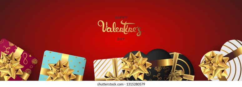 Happy valentines day banner. Background design of lighting candle,realistic roses with gifts box, ribbon. Red style. Flat lay, top view. Valentines day poster, greeting cards, headers, website