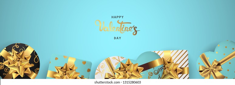 Happy valentines day banner. Background design of lighting candle,realistic roses with gifts box, ribbon. Blue style. Flat lay, top view. Valentines day poster, greeting cards, headers, website