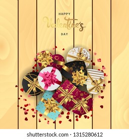Happy valentines day banner. Background design of lighting candle,realistic roses with gifts box, ribbon. Light wood style. Flat lay, top view. Valentines day poster, greeting cards, headers, website