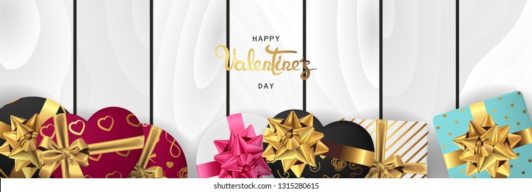 Happy valentines day banner. Background design of lighting candle,realistic roses with gifts box, ribbon. White wood style. Flat lay, top view. Valentines day poster, greeting cards, headers, website