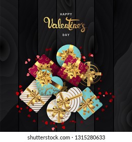 Happy valentines day banner. Background design of lighting candle,realistic roses with gifts box, ribbon. Black style. Flat lay, top view. Valentines day poster, greeting cards, headers, website