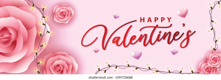 
Happy Valentine's Day banner. Background with realistic 3d flower rose and sparkling lights garland. Calligraphic text lettering. Greeting card, holiday poster, Romantic brochure flyer.