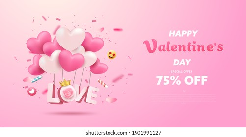 Happy Valentine's Day banner or background with 3D realistic pink heart balloon, emoji, confetti party. Romantic greeting card design with lovely elements. Promotion, special discount