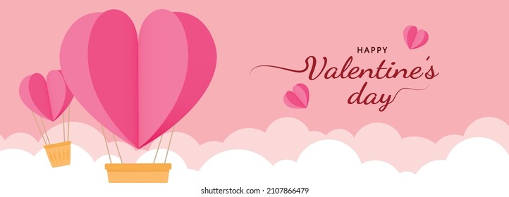 Happy valentine's day banner background template with 3D heart paper cut illustration design with sky and air balloons