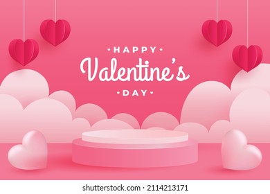 Happy valentine's day banner and background with empty podium and romantic valentine decorations