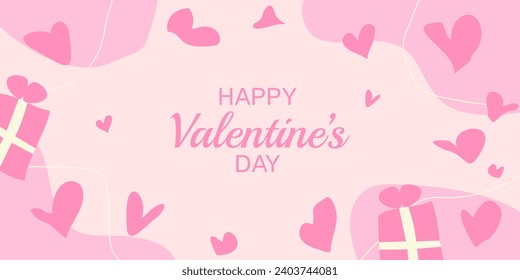 Happy Valentines Day banner background. hand drawn vector with elements of heart, gift box. pink color design for greeting cards, posters, social media.