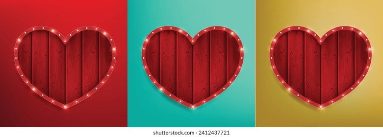 Happy Valentine's day banner background with Retro light bulbs heart shape wood sign background