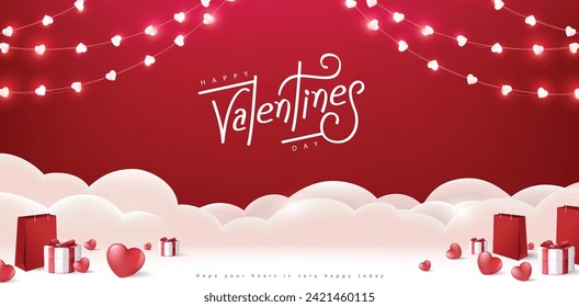 Happy Valentine's day banner background with gift box and heart decorate on stage and valentines calligraphy