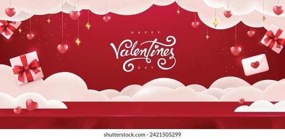 Happy Valentine's day banner background with gift box and heart on stage