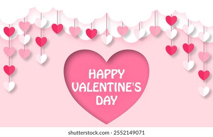 Happy Valentine's day  banner background  paper cut with heart balloon floating it the sky.